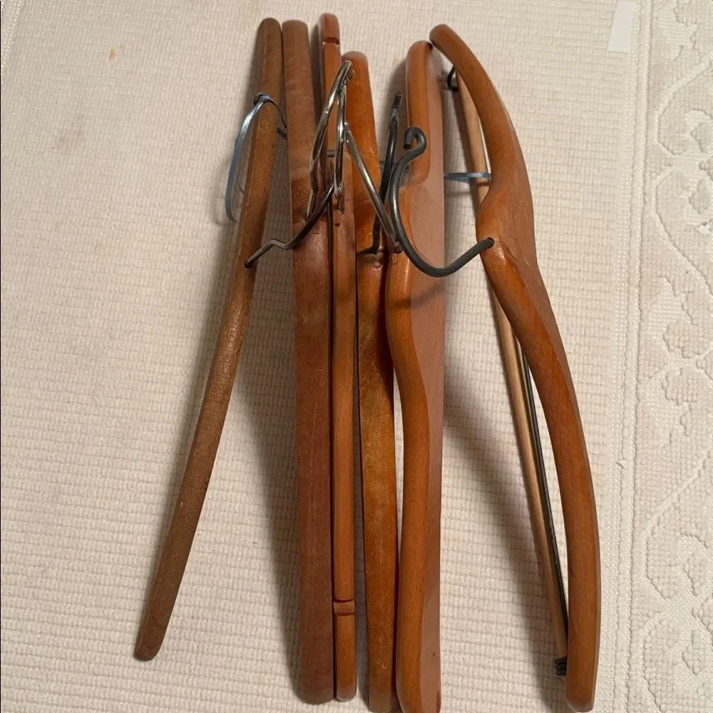 6 Vintage Wooden hangers metal some have dowels divets Antique wooden display
